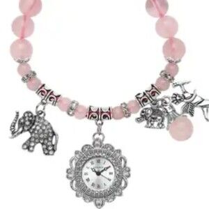 Strada Beaded Crystal Japanese Stretch Bracelet Watch w/ Elephant & Fairy Charm